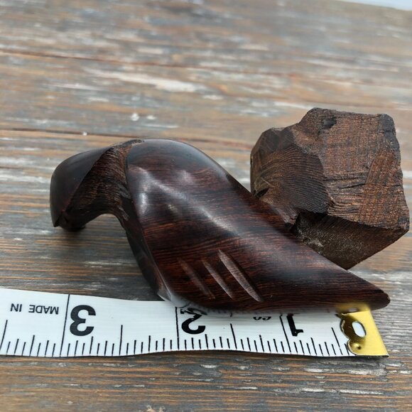 Vintage Hand Carved Ironwood Eagle On Pedestal Statue Falcon Bird Of Pray 3.5" - Picture 7 of 8